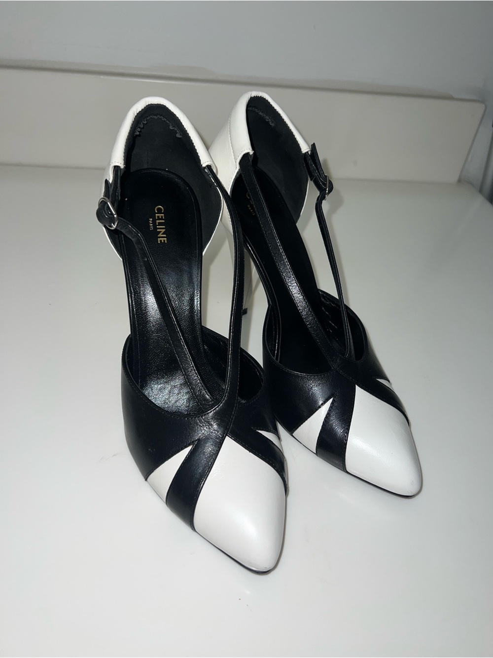 Celine Two-Tone Black and White Pointed Leather Heels - Picture 3 of 6